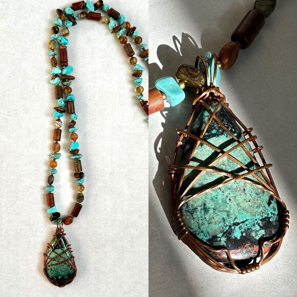 Natural Stone & Copper Pendant Necklace Handmade w Tigers Eye & Turquoise Beads - Picture 1 of 9
